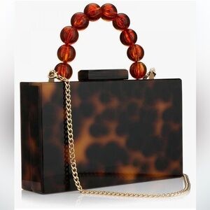 Tortoise Brown and black square top handle bag acrylic and gold crossbody strap